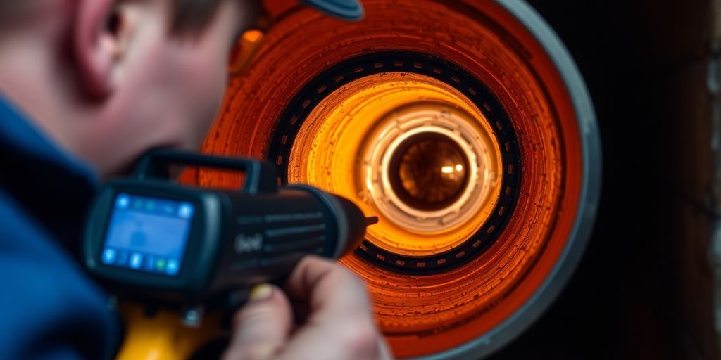 Plumber inspecting pipes with a video camera device